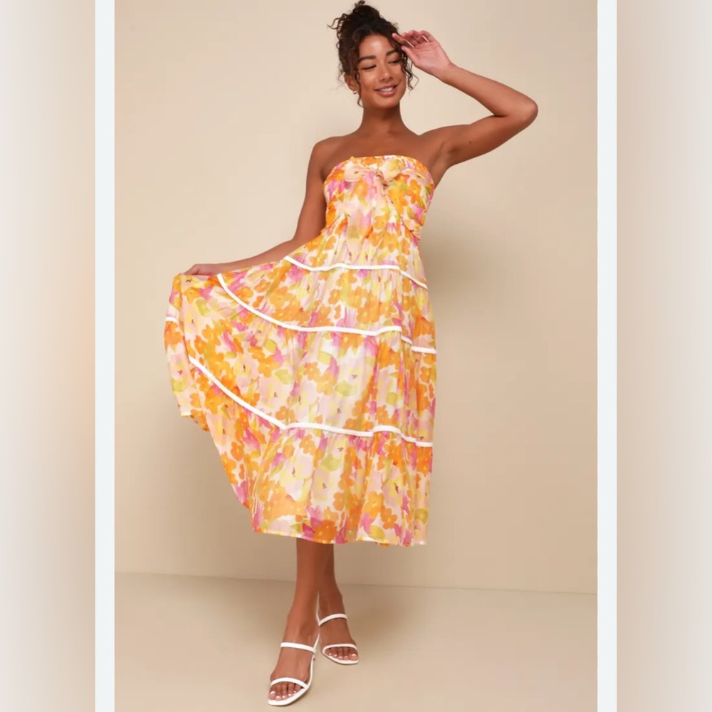 Lulu's Strapless Tiered Midi Dress in Yellow and Pink